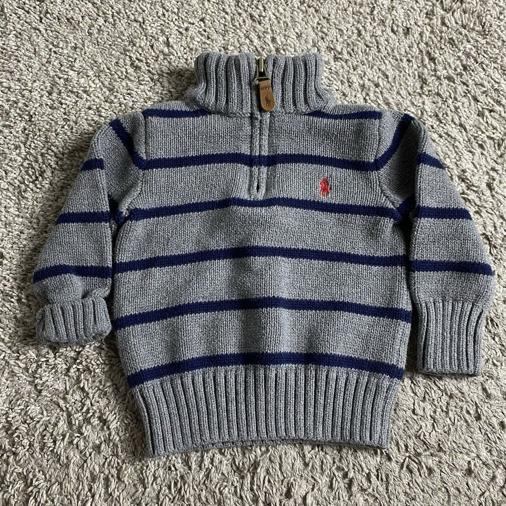 Polo Ralph Lauren 2T Gray/Blue Striped 1/4 Zip Knit Cotton Sweater